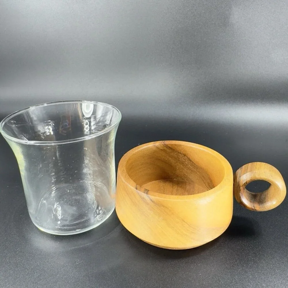 Vintage Jena Glass Mug with Wooden Holder Insert Set 3 Round Handle Wood Insert‎